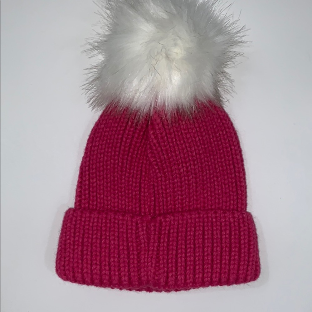 Fuchsia hat with white fur ball 20 - Picture 3 of 3